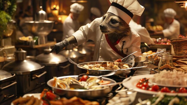 Foto een wasbeer met een chefhoed en handschoenen kookt in een commerciële keuken het is omringd door potten en pannen en er is eten op de toonbank