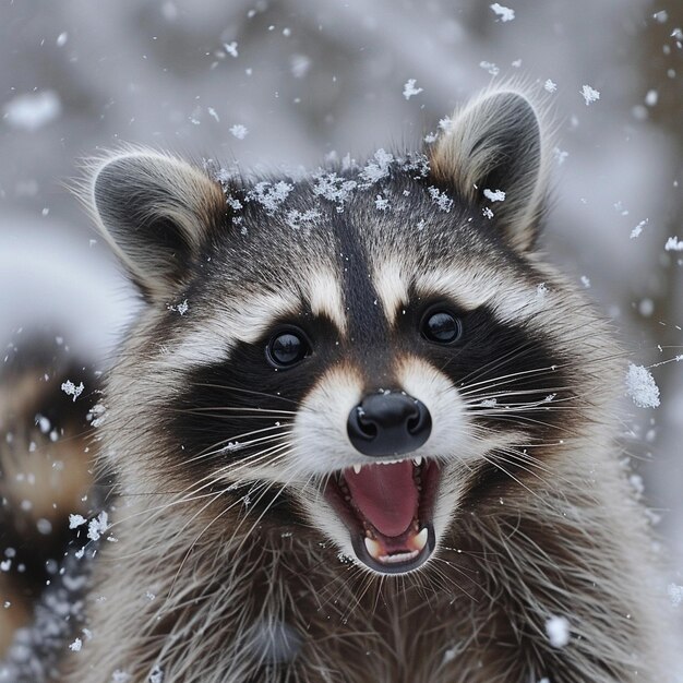 Foto een wasbeer met een open mond en de sneeuw die op zijn gezicht valt