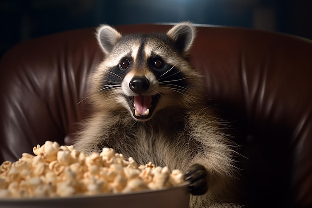 Een wasbeer zit op een bank en kijkt naar een grote emmer popcorn.