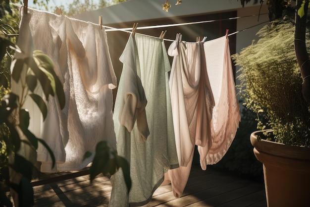 Een waslijn met versgewassen en gedroogde handdoeken die in de zon hangen