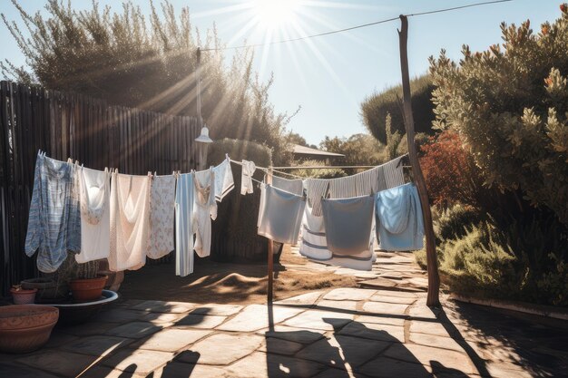 Foto een waslijn met versgewassen handdoeken, lakens en dekens die in de zon drogen