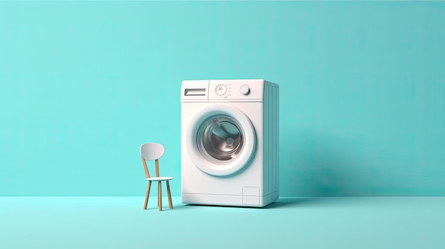 een wasmachine met wasgoed in de buurt van kleurenmuur in een minimalistische stijl