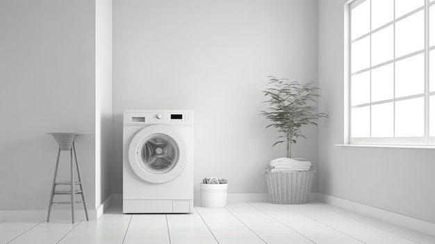 een wasmachine met wasgoed in de buurt van kleurenmuur in een minimalistische stijl