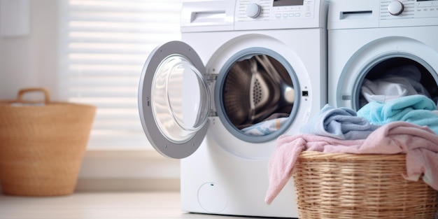 Een wasmand met een wasmachine op de achtergrond Generatieve AI