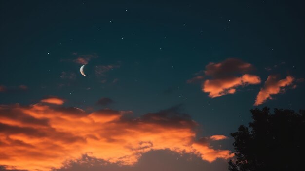 Een wassende maan en een boom met sterren aan de hemel