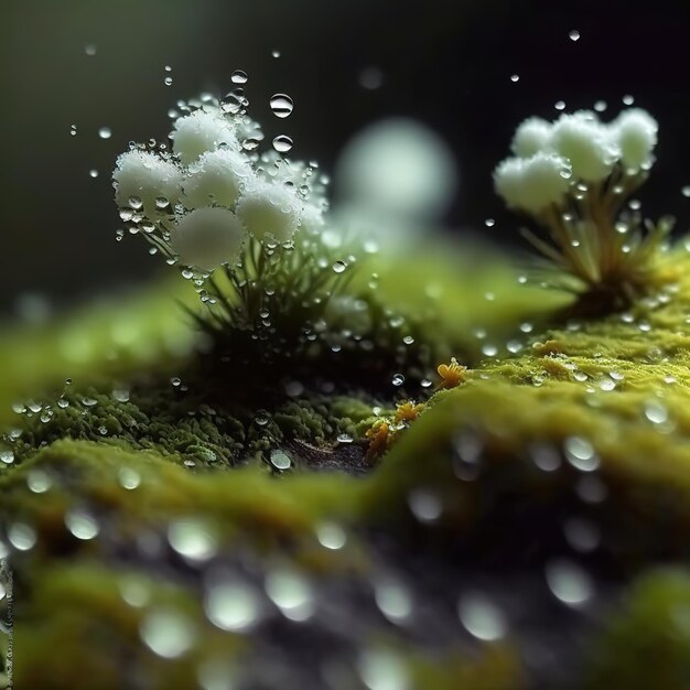 Een waterdruppel bevindt zich op een met mos bedekte rots met waterdruppels erop.