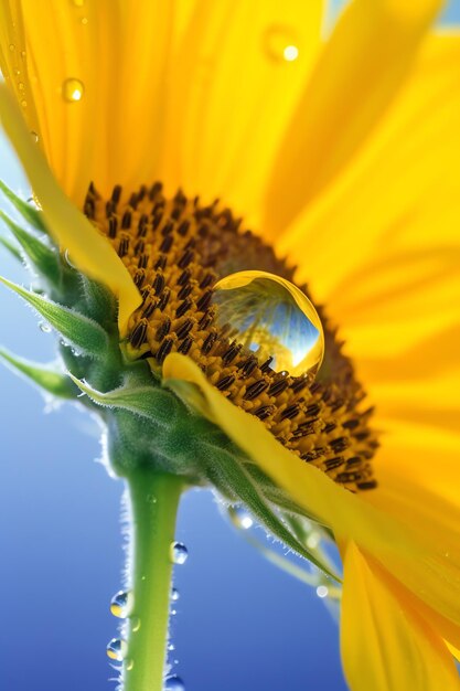 Een waterdruppel op een zonnebloem wordt weerspiegeld in een waterdruppel.