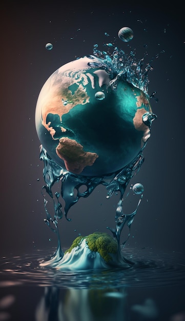 Een waterdruppel waarbij de planeet aarde in het water valt.