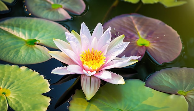 Een waterlelie in een vijver met bladeren en bloemen