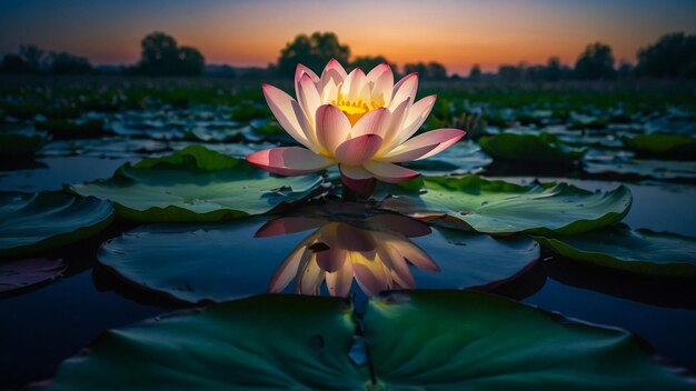 Een waterlilie en reflecties van zonlicht op het wateroppervlak