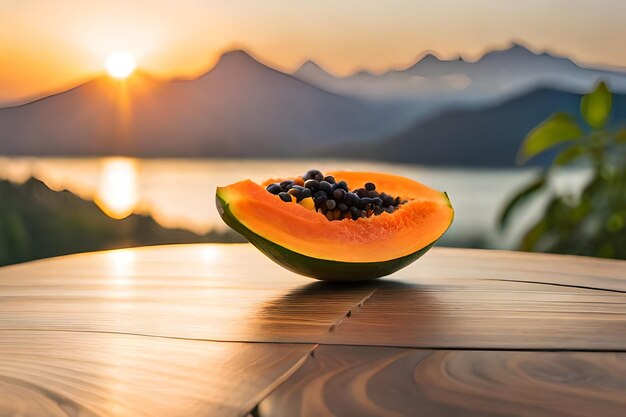 een watermeloen staat op een tafel met een zonsondergang op de achtergrond.