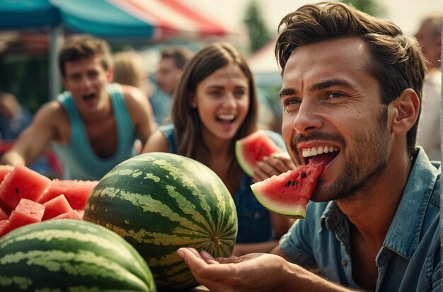 Een watermeloenenwedstrijd op een zomerbeurs