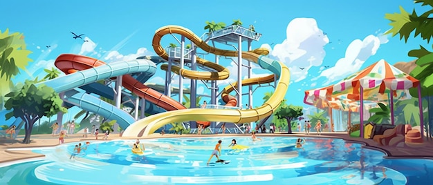 een waterpark met een waterglijbaan en een zwembad