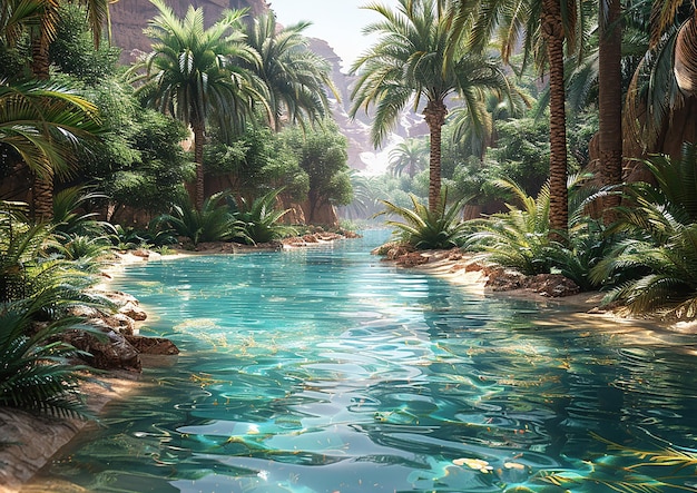 een waterscene met palmbomen en planten en planten