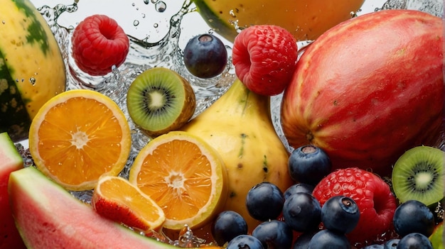 Foto een waterspray met fruit en bessen en een watermeloen.