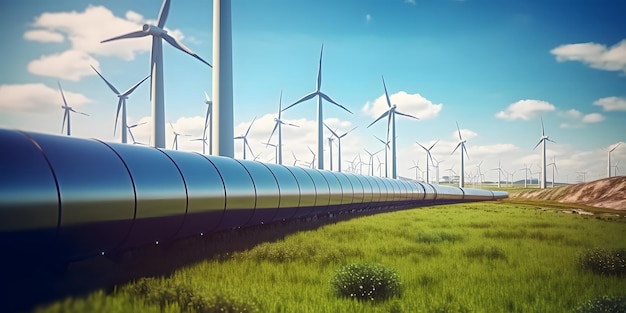 Een waterstofpijpleiding met windturbines en op de achtergrond een concept voor de productie van groene waterstof