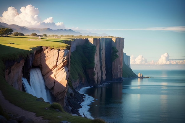 Een waterval aan de rand van een klif met een blauwe lucht en het water op de voorgrond.