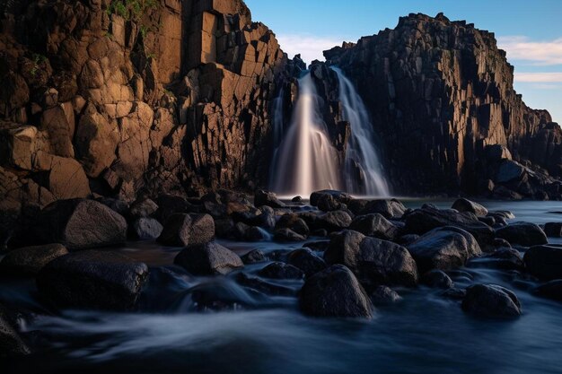 een waterval die over rotsen naar een waterlichaam stroomt