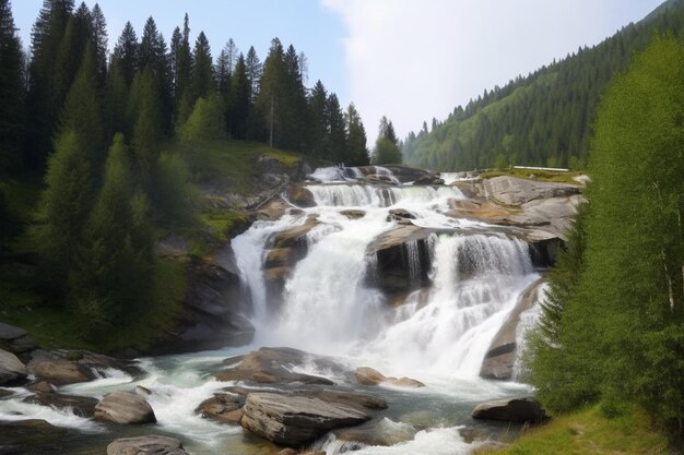 Een waterval in de bergen met bomen aan de zijkant