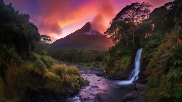 Een waterval in de bergen met een roze lucht en wolken