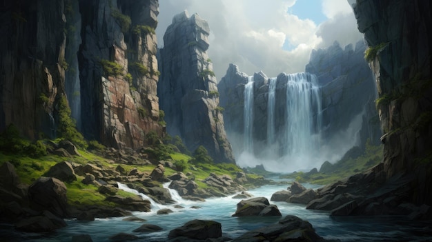 een waterval in de bergen met een waterval op de achtergrond.