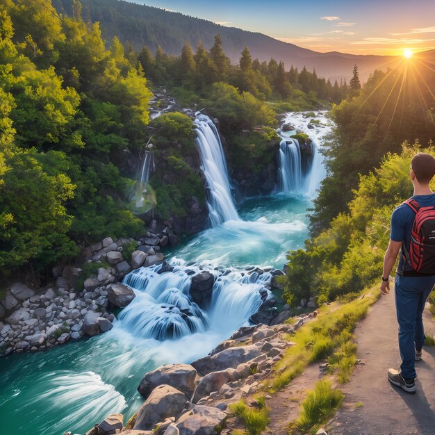 Een waterval in de bergen met generatieve ai