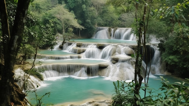 Een waterval in de jungle met bomen en een blauwe lucht