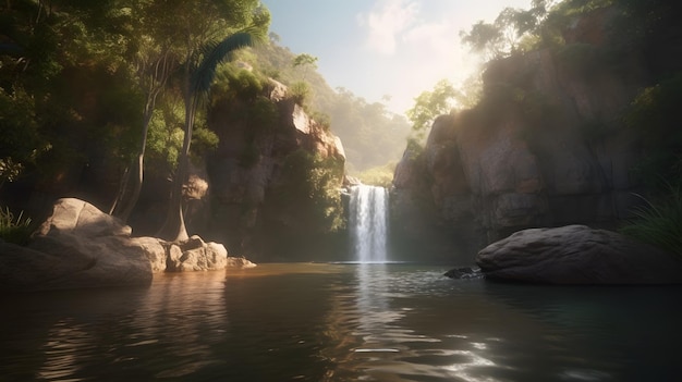 Een waterval in de jungle met bomen en rotsen