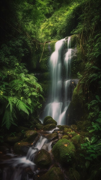 Een waterval in de jungle met een groene achtergrond.