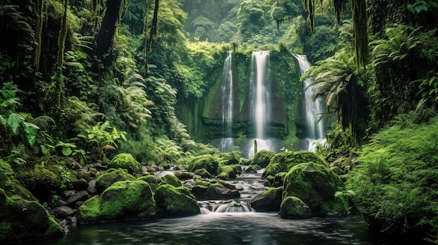 Een waterval in de jungle met een persoon er middenin.