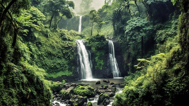 Een waterval in de jungle met groene bomen en een jungle op de achtergrond