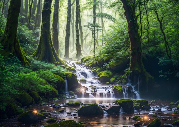 Een waterval in een bos met bemoste rotsen en bomen.