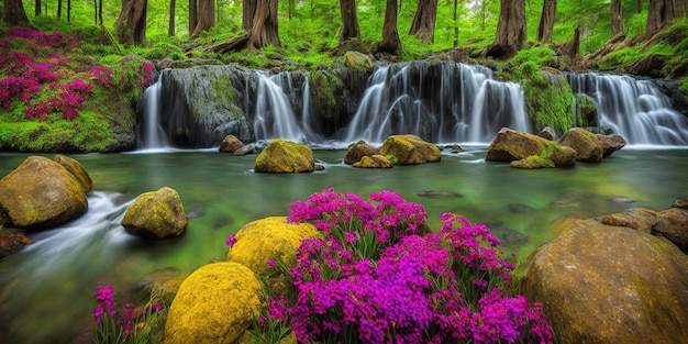 Een waterval in een bos met bloemen op de voorgrond.