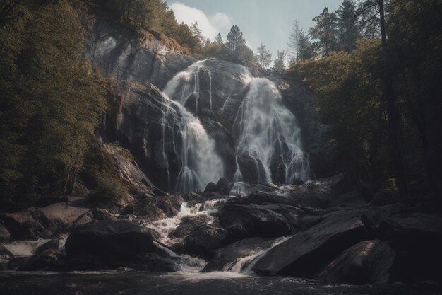 Een waterval in een bos met bomen en een hemelachtergrond