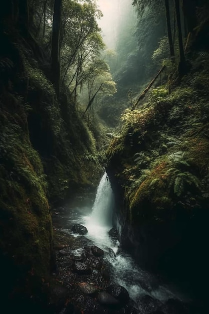 Een waterval in een bos met daarachter een groen bos.