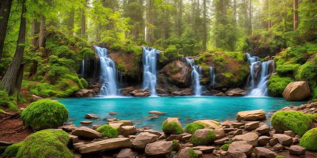 Een waterval in een bos met daarachter een groen bos