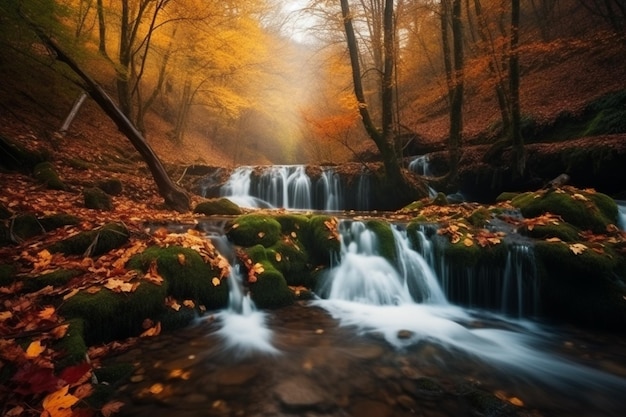 Een waterval in een bos met de zon die op de bladeren schijnt