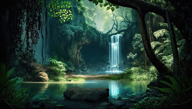Een waterval in een bos met een groene achtergrond