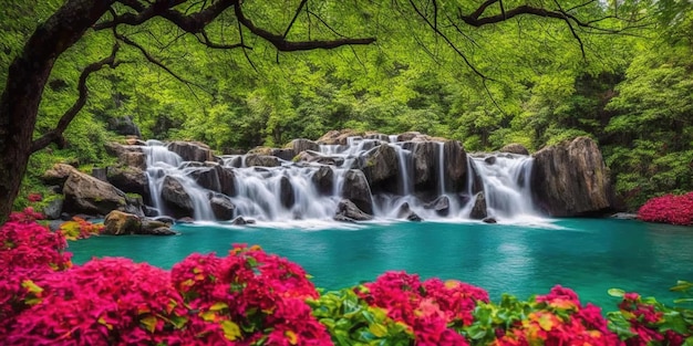 Een waterval in een bos met een waterval en bloemen op de voorgrond.
