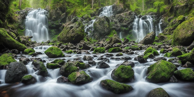 Een waterval in een bos met met mos bedekte rotsen