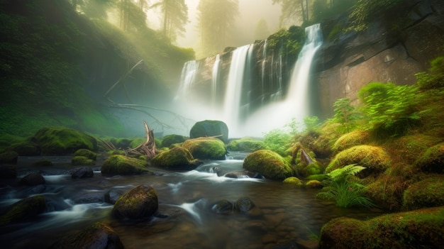 Een waterval in een bos met mos en bomen