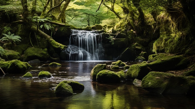 een waterval in een bos met mosse rotsen