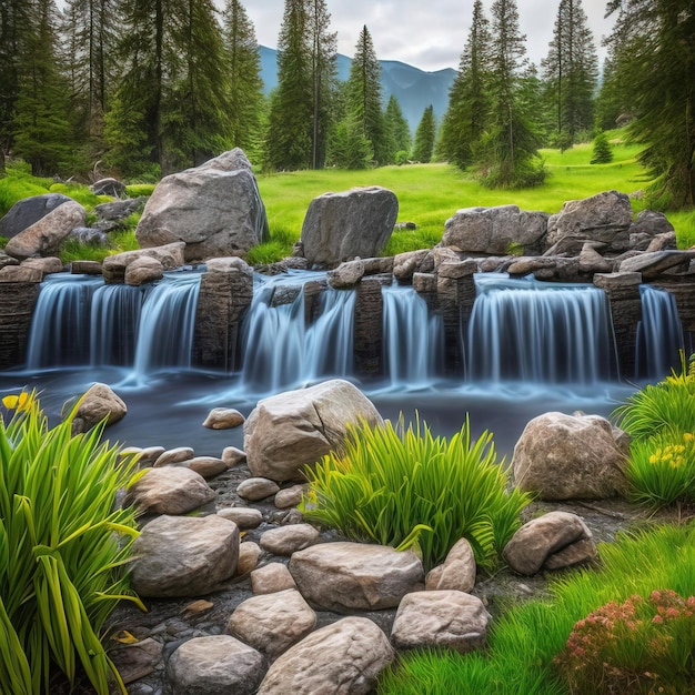 Een waterval in een groen veld met een berg op de achtergrond