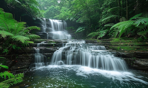 Een waterval in het bos is omringd door bomen.