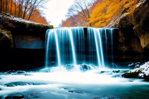 Een waterval in het bos met een gouden achtergrond