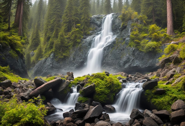 Een waterval in het bos met een groen bos op de achtergrond.