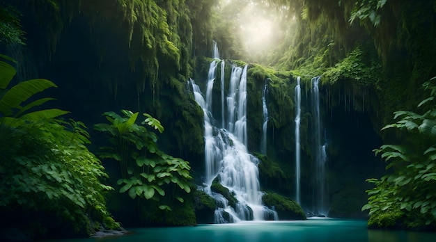 Een waterval in het bos met een groen zwembad op de achtergrond