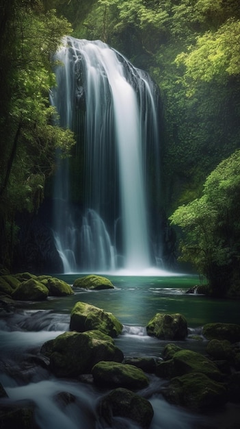 Een waterval in het bos met een groene achtergrond.