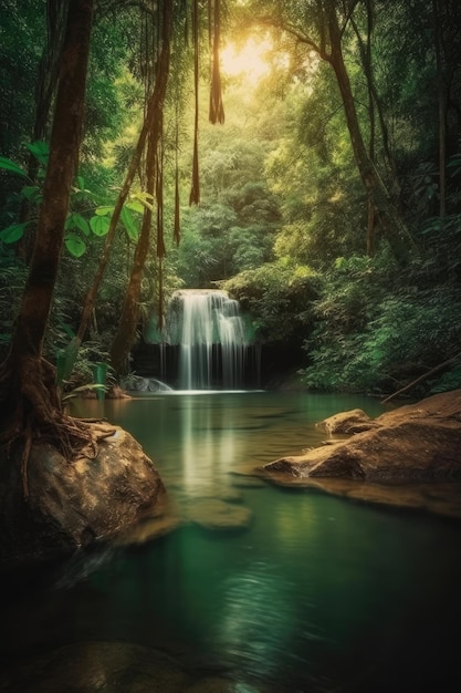 Een waterval in het bos met een groene bosachtergrond Generatieve AI