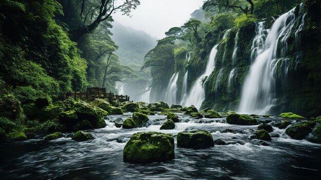 Een waterval in het bos met een waterval op de achtergrond